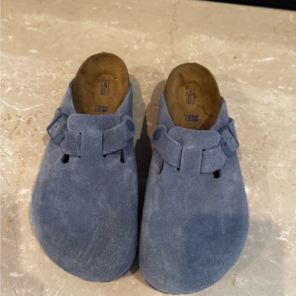 Birkenstock Suede Clog Mules in Light Blue